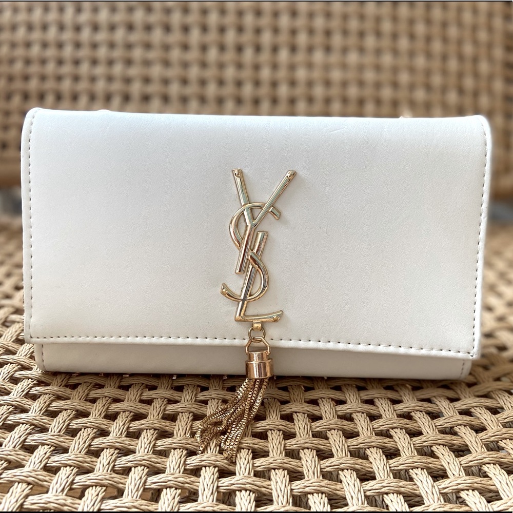 White YSL clutch with chain